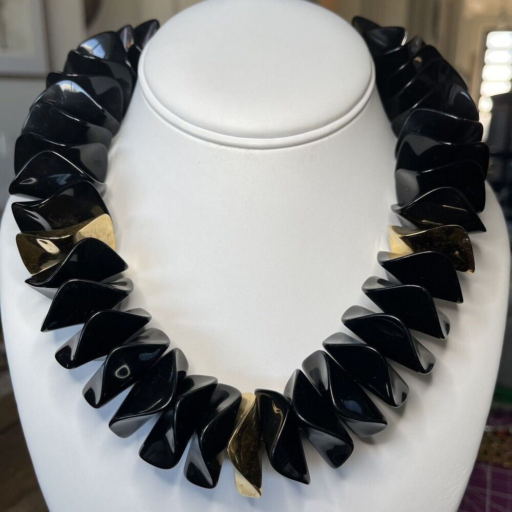 Kenneth Jay Lane Black Gold Wavy Discs Necklace 80’s Runway Chunky Statement KJL